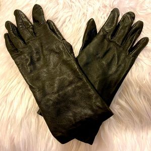 Black Genuine leather 100% Cashmere gloves, OS